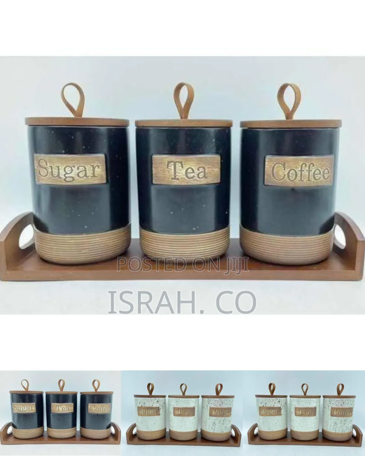 Rustic Kitchen Canister Set With Wooden Tray (Sugar, Tea, Coffee)