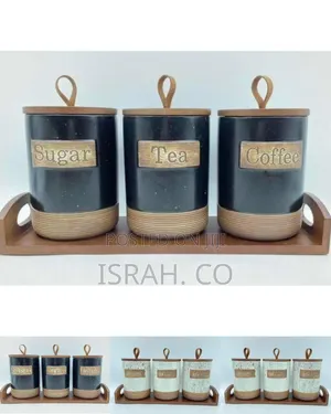 Rustic Kitchen Canister Set With Wooden Tray (Sugar, Tea, Coffee)