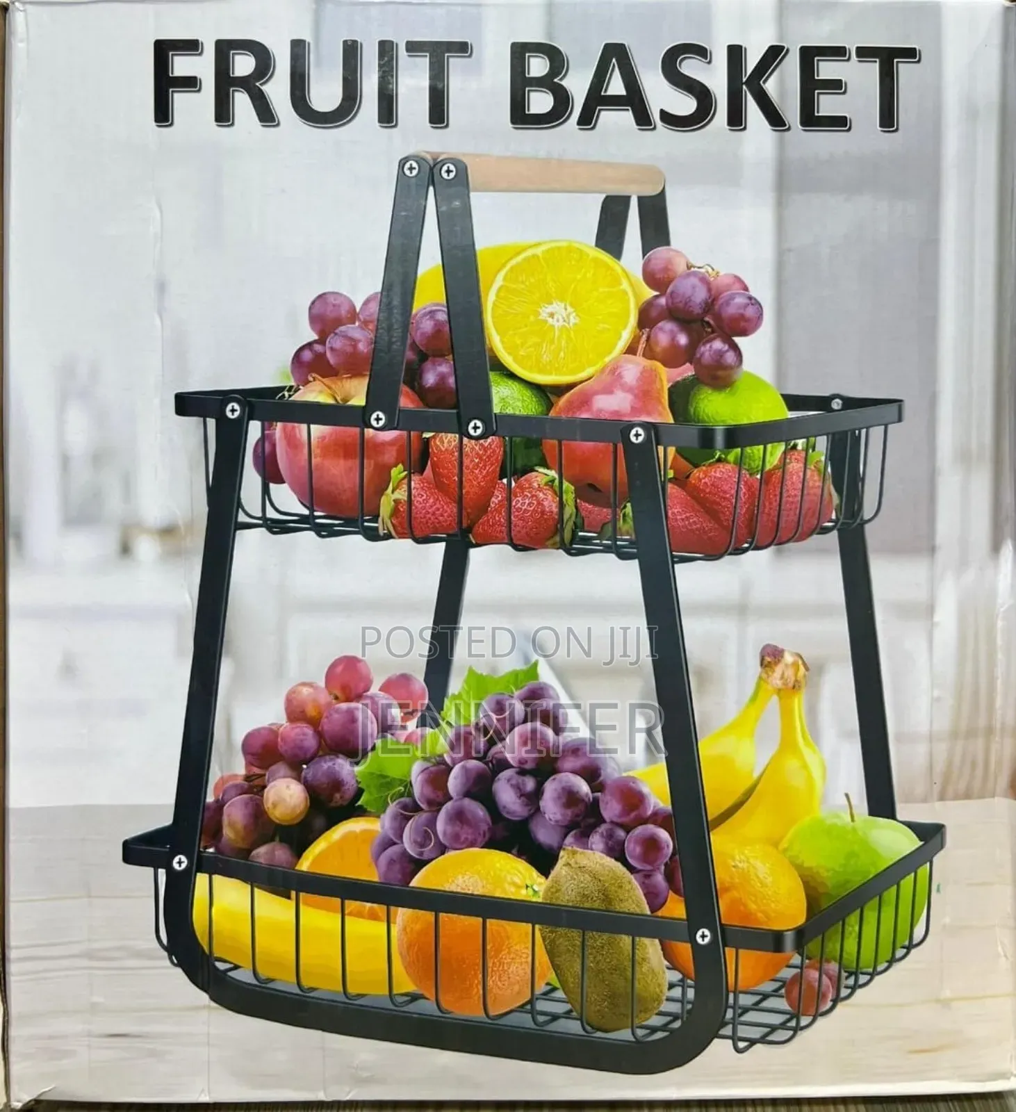 Black Metal 2-Tier Fruit Basket Stand