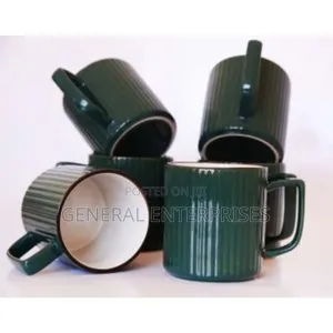 Set of Six Green Textured Ceramic Coffee Mugs