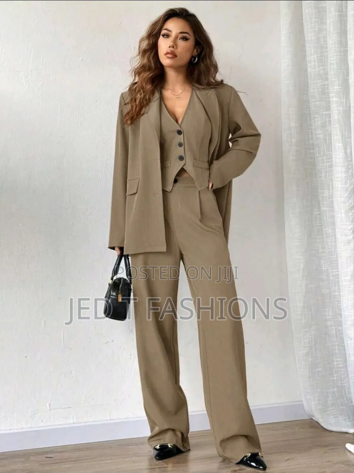 Easelle 3pcs/Set Love Print Striped Suit Jacket, Vest and Pants