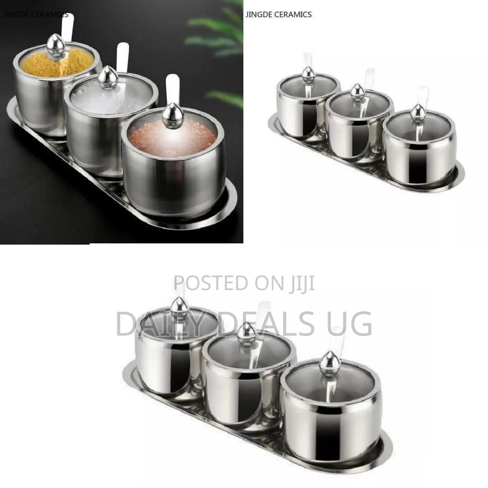 3-Piece Stainless Steel Spice Jar Set With Serving Tray - Silver