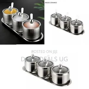 3-Piece Stainless Steel Spice Jar Set With Serving Tray - Silver