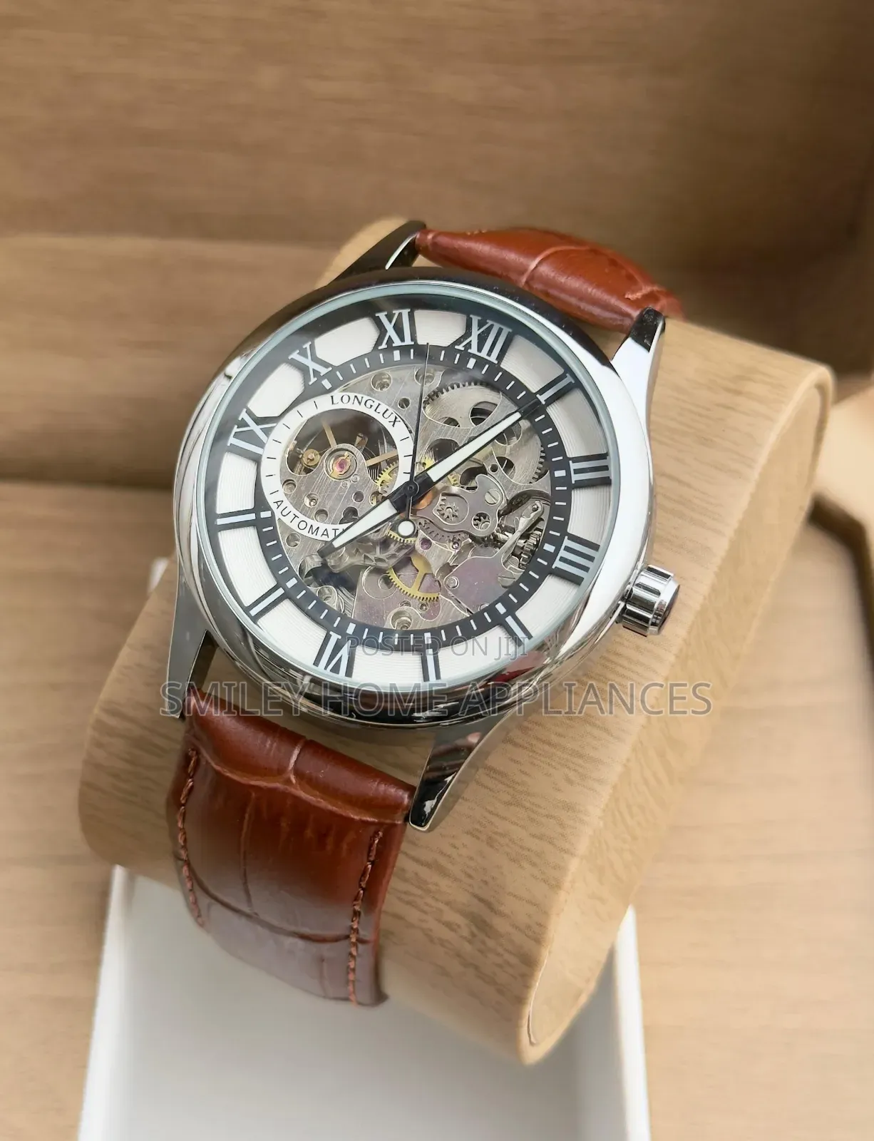 Brown Leather Strapped Longlux Men's Mechanical Wrist Time Piece