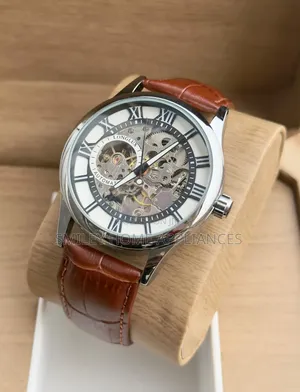 Brown Leather Strapped Longlux Men's Mechanical Wrist Time Piece