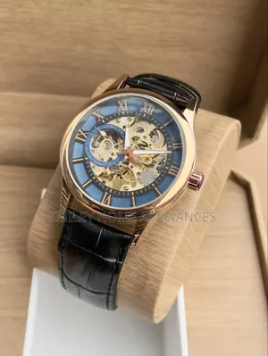 Longlux Men's Gold Chrome Mechanical Wrist Time Piece With Leather