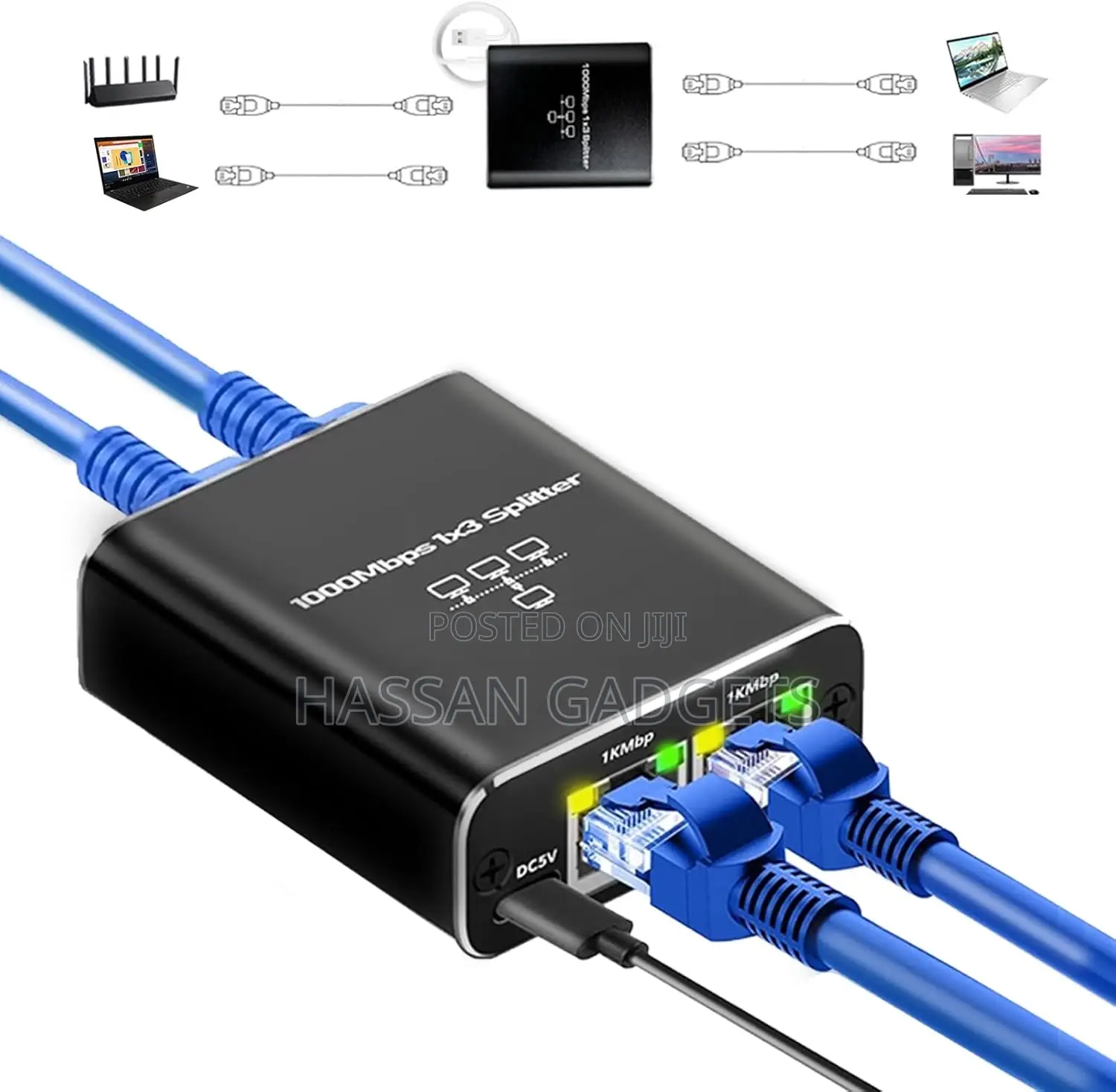 Rj45 Network Splitter Adapter 3in 1 High Speed1000mbps