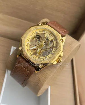 Brown Leather Strapped Gold Chrome Men's Longlux Mechanical Time Edit