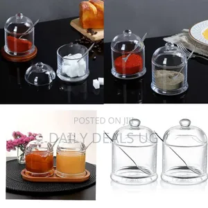 Elegant Glass Condiment Jar 2-Piece Set With Wooden Tray - Transparent