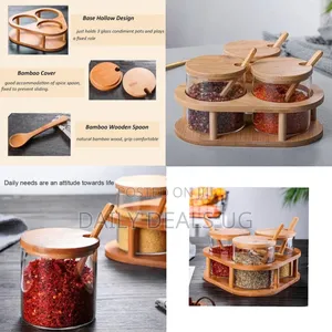3-Piece Rotating Condiment Set With Clear Jars and Wooden Accessories