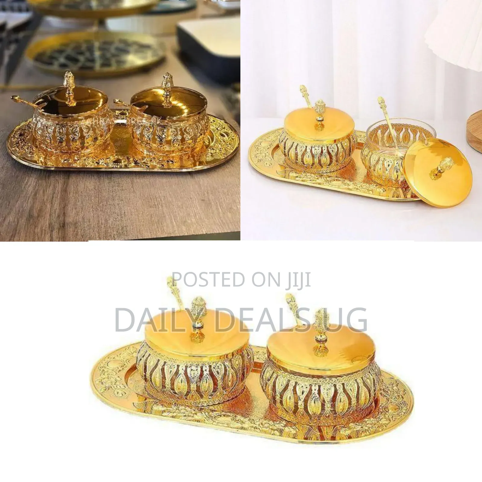 Ornate Decorative Two-Piece Condiment and Spice Serving Set With Tray