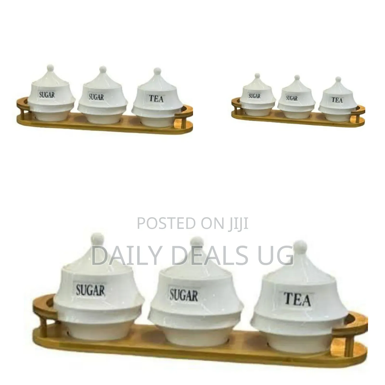 Elegant Ceramic Canister Set on Wooden Serving Tray - Multicolor