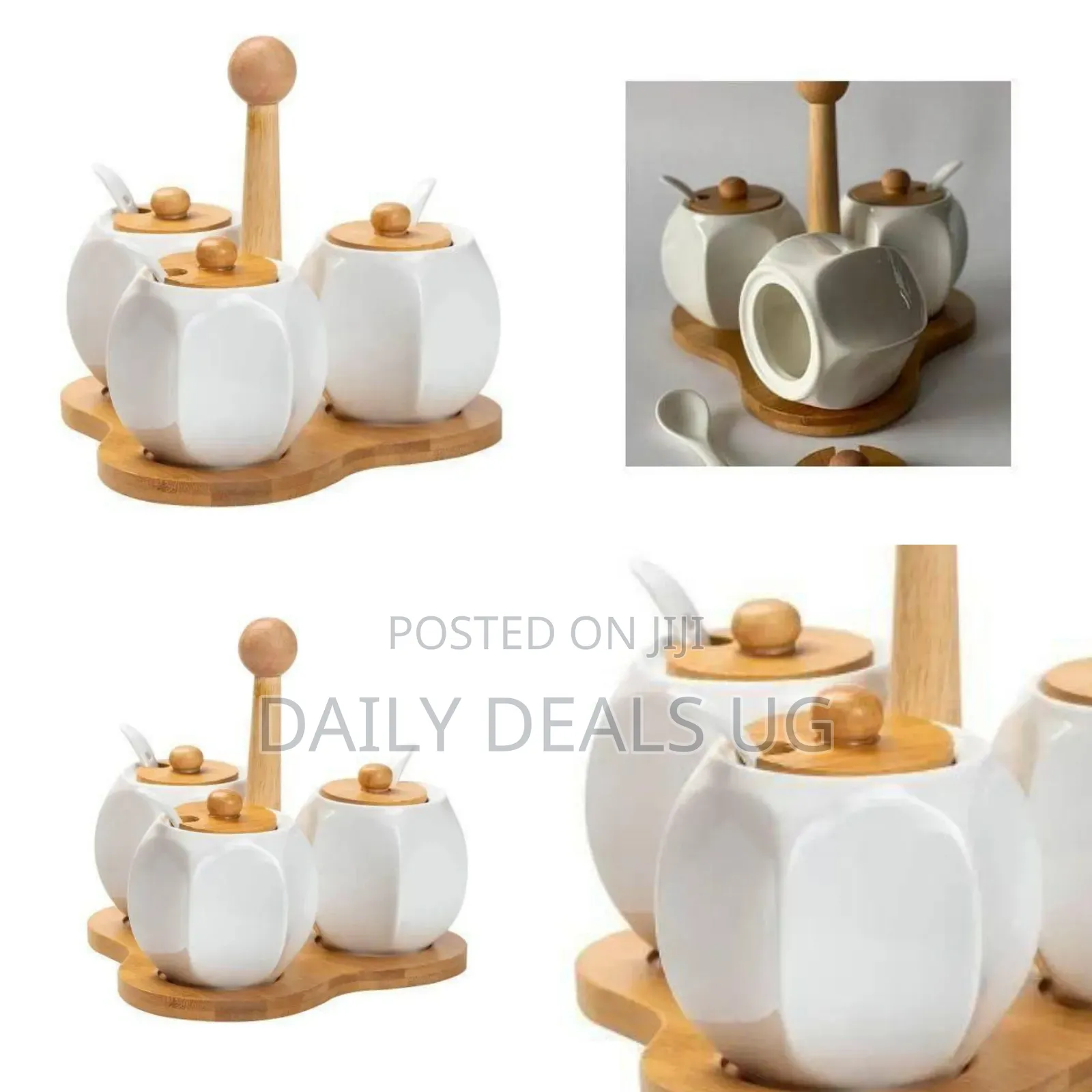 Ceramic Spice / Condiment Server Set With Bamboo Tray - Multicolor