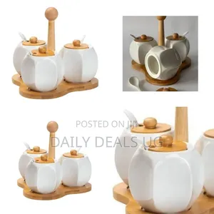 Ceramic Spice / Condiment Server Set With Bamboo Tray - Multicolor