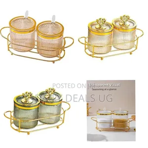 Elegant Fluted Glass Storage Jars Set With Golden Caddy - Transparent