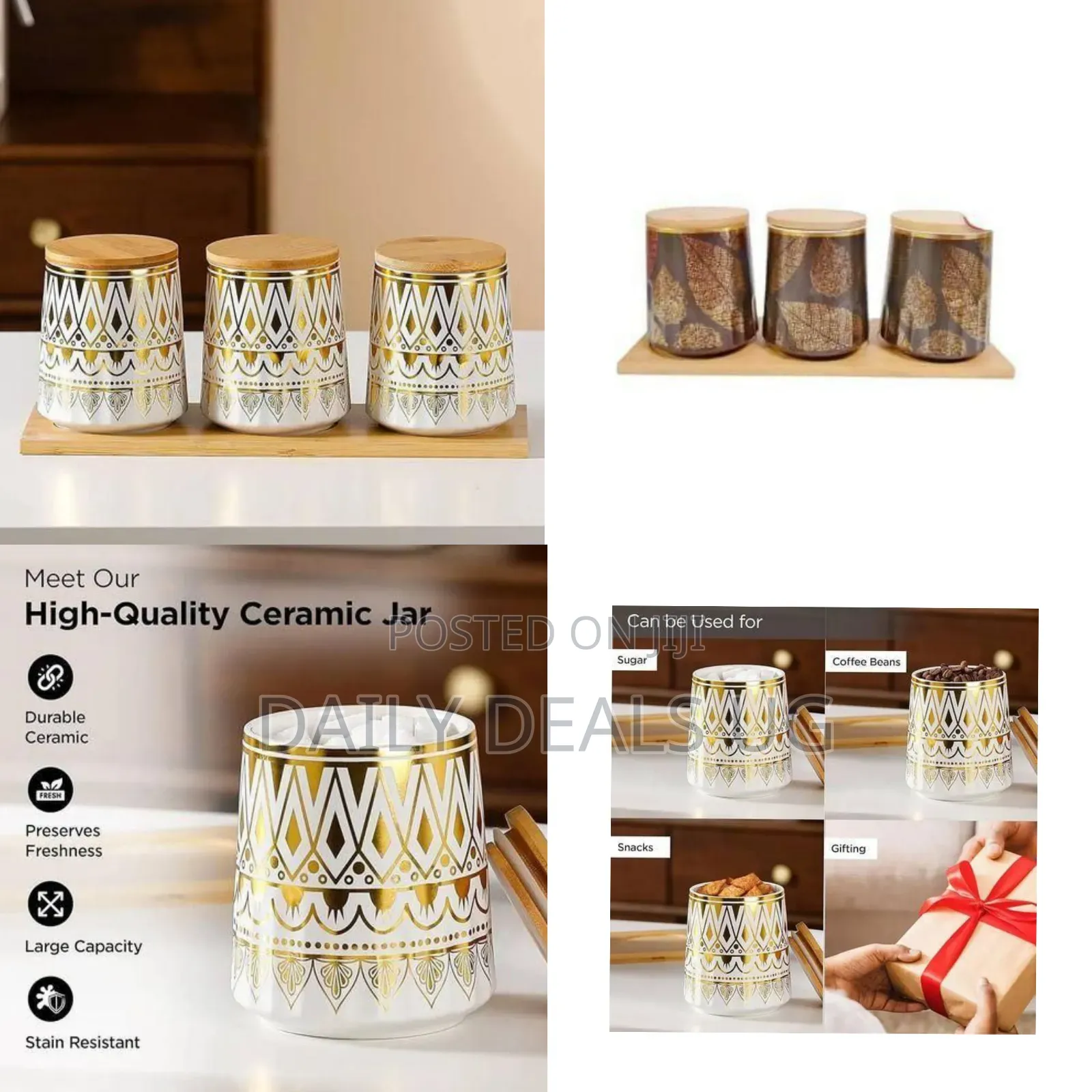 Elegant Ceramic Canister Set With Gold Geometric Pattern and Bamboo