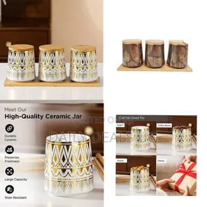 Elegant Ceramic Canister Set With Gold Geometric Pattern and Bamboo