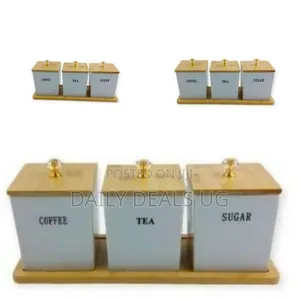 Elegant Coffee, Tea, and Sugar Canister Set With Bamboo Lids and Tray