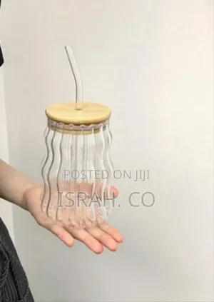 Wave Ripple Glass Drinking Tumbler With Wooden Lid and Glass Straw