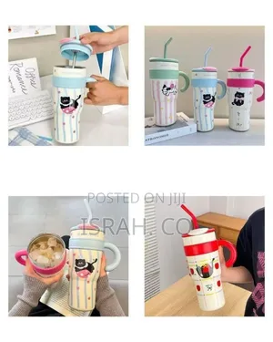 Insulated Travel Tumbler With Straw and Cute Cat Desig
