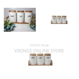 Ceramic Tea, Coffee, and Sugar Canister Set With Wooden Tray and Lids