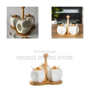 Ceramic Condiment Serving Set With Bamboo Stand - Multicolor