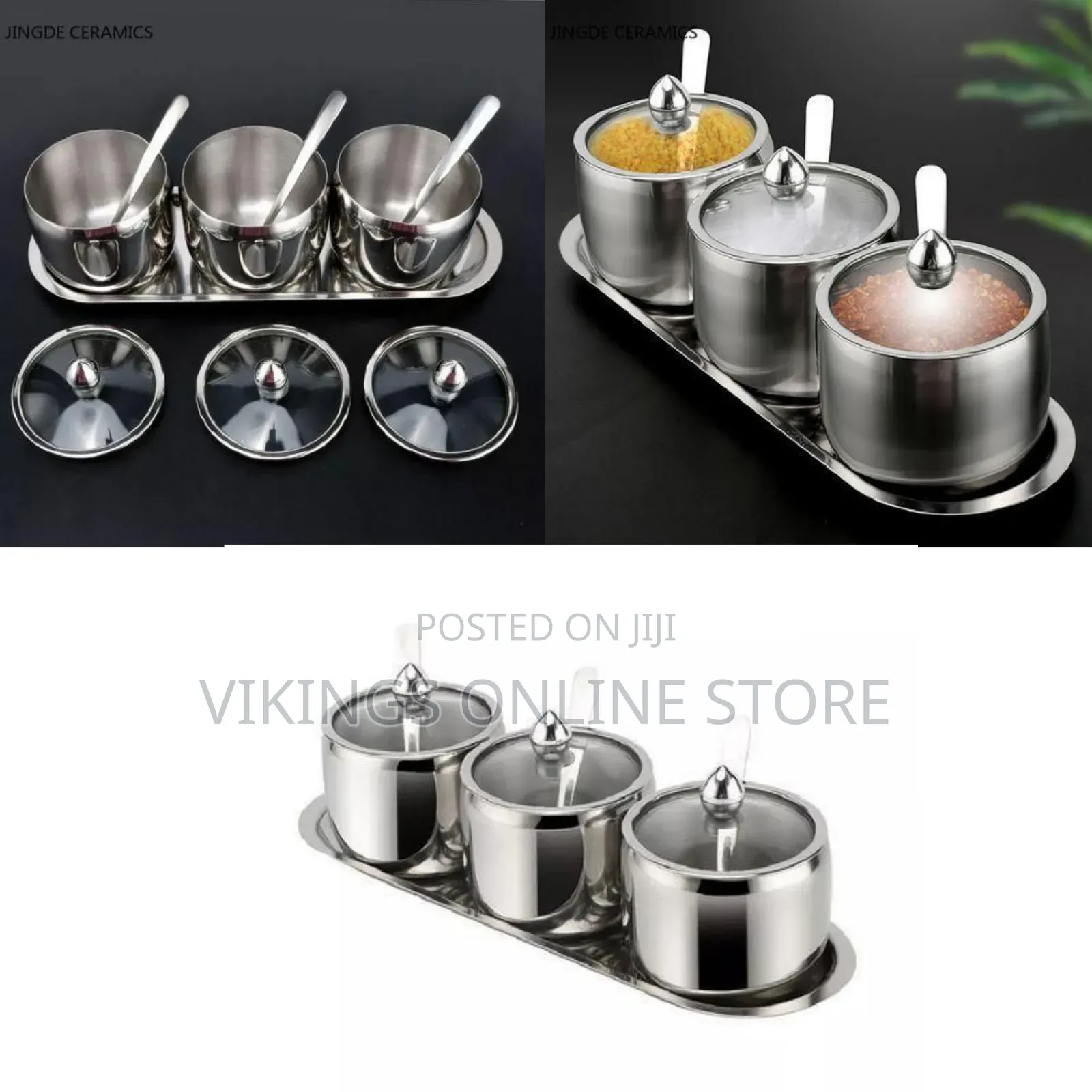 3-Piece Stainless Steel Spice Jar Set With Serving Tray - Silver