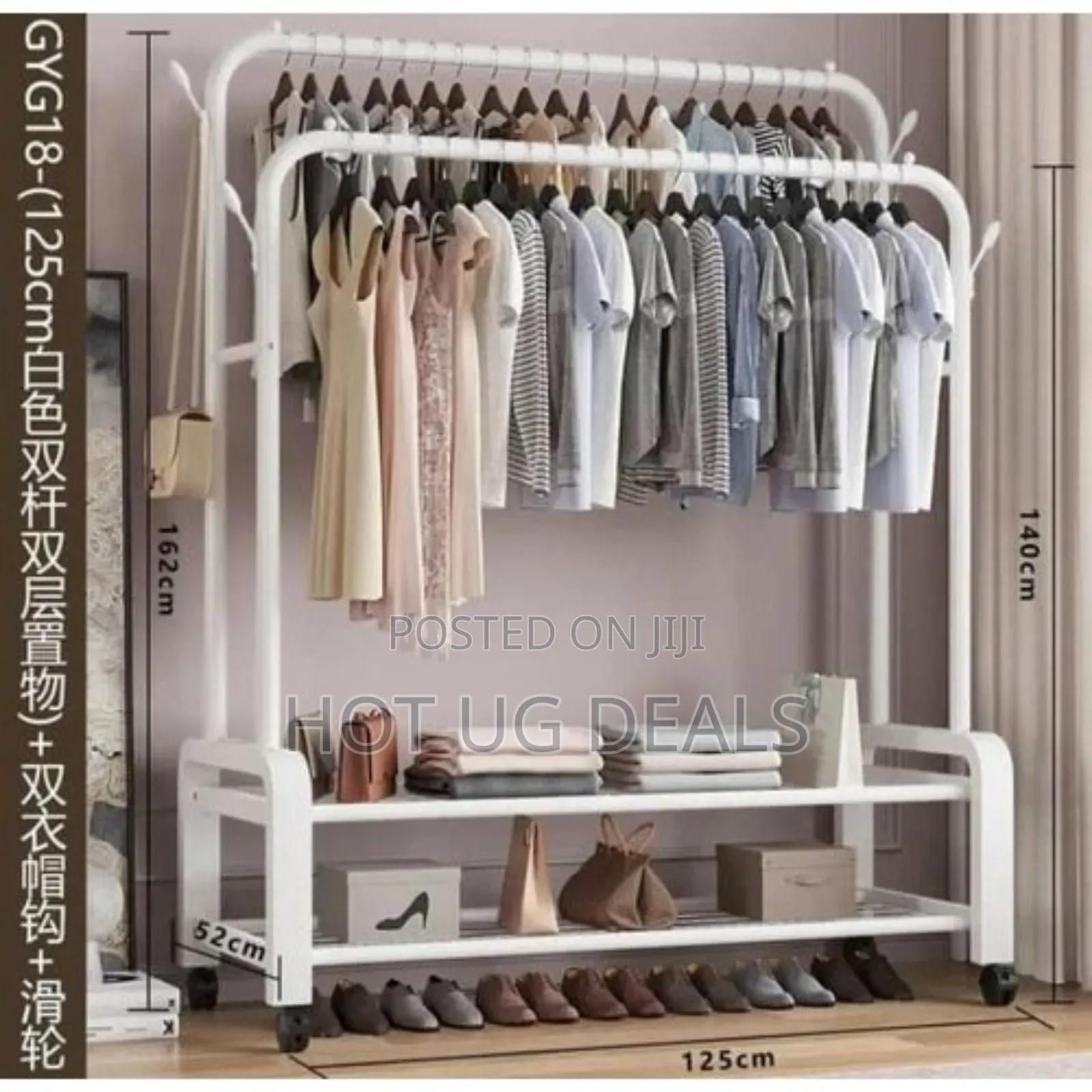 Double -rail Clothes Garment Rack With Storage Shelvels And Wheels