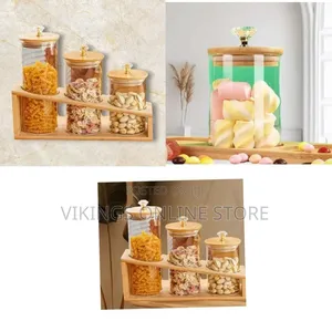 Elegant Glass Storage Canister Set With Wooden Lids and Tiered Rack