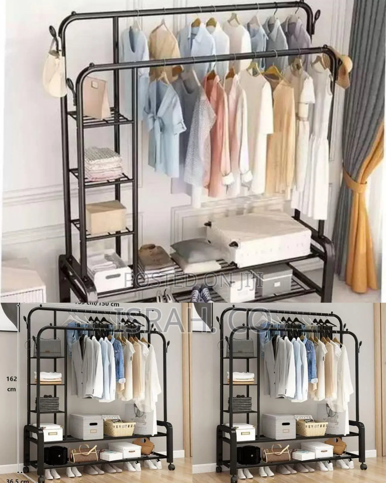 Multi-Functional Double Rail Garment Rack With Side Shelves
