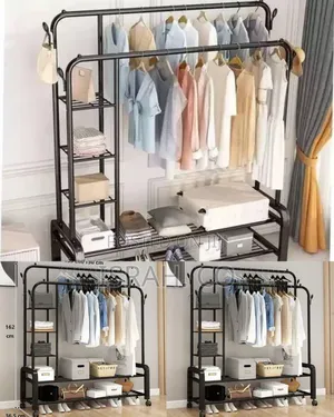 Multi-Functional Double Rail Garment Rack With Side Shelves