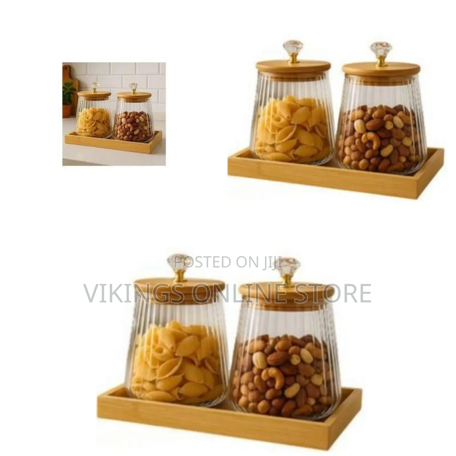 Set of 2 Fluted Glass Storage Jars With Bamboo Tray and Crystal Knobs