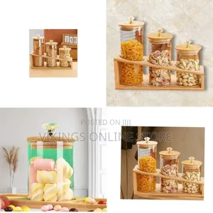 Elegant Three-Piece Diamond-Top Glass Storage Set With Bamboo Stand