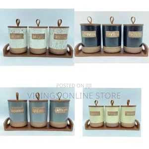 Rustic Kitchen Canister Set With Wooden Tray (Sugar, Tea, Coffee)