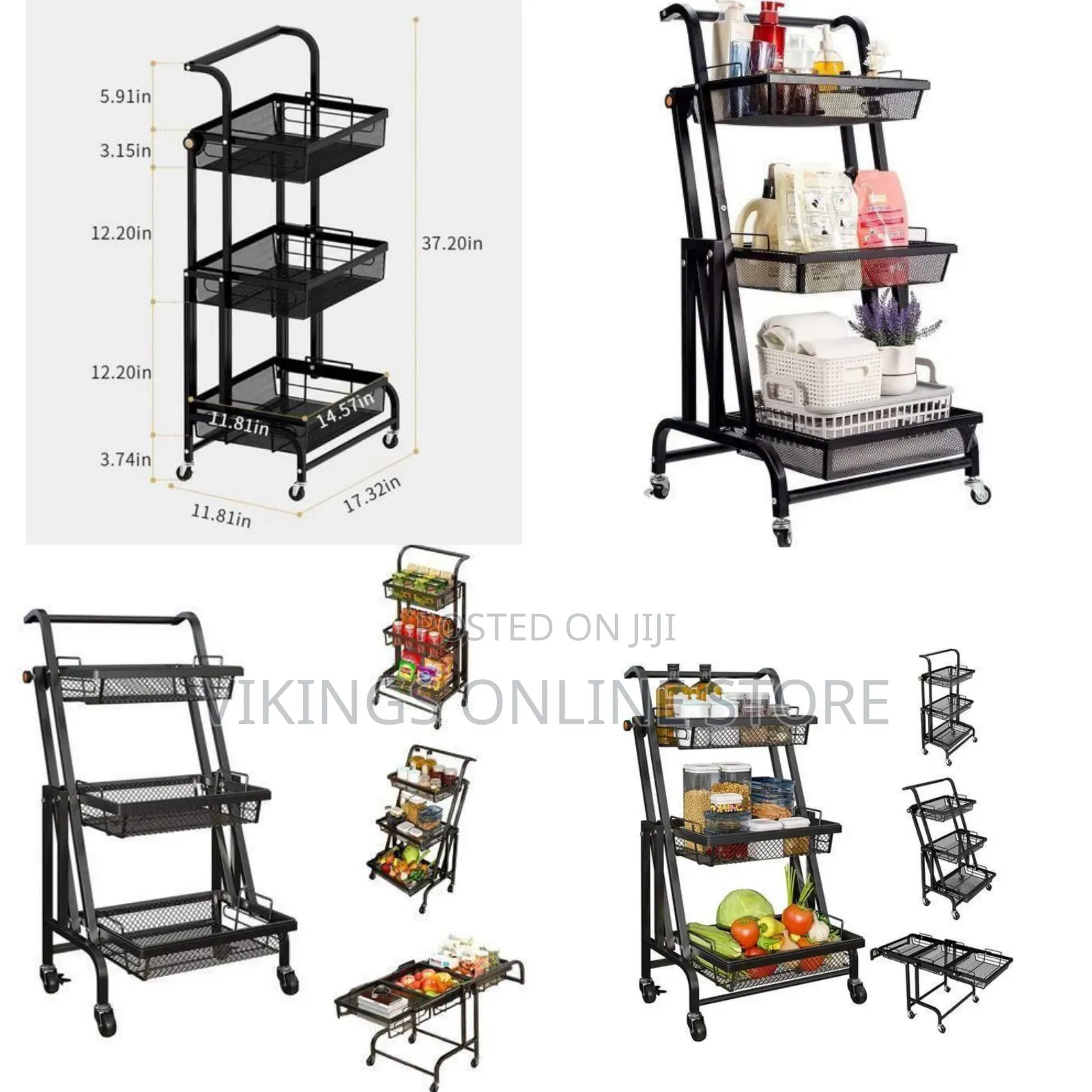 Foldable 3-Tier Rolling Utility Cart With Mesh Baskets Convertible