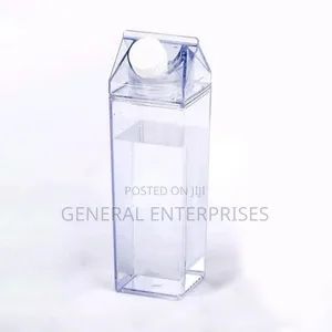 Clear, Milk Carton-Shaped Water Bottle Typically Made of Plastic.