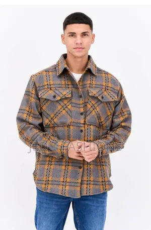 Men Plaid Shirt Jacket Grey