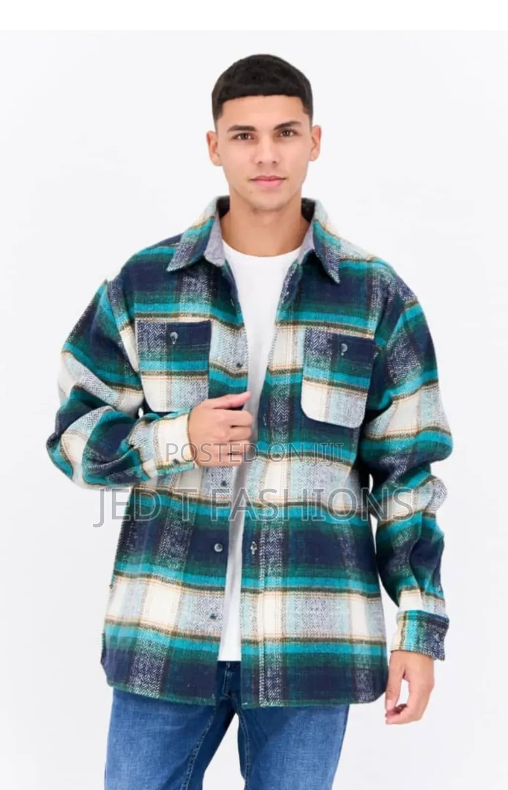Men Plaid Shirt Jacket Grey