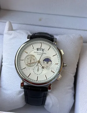 White Face With Black Leather Strapped Patek Phillipe Wrist Time Piece