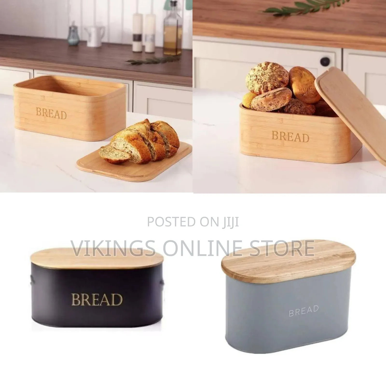 Modern Metal Bread Box With Natural Wooden Lid - Multicolor