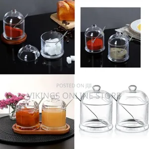 Elegant Glass Condiment Jar 2-Piece Set With Wooden Tray - Transparent