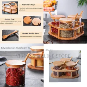 3-Piece Rotating Condiment Set With Clear Jars and Wooden Accessories