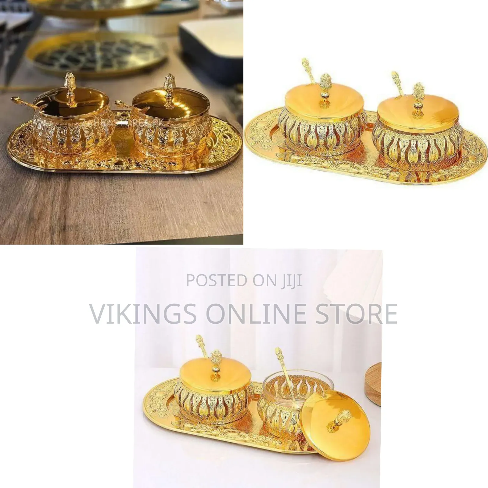 Ornate Decorative Two-Piece Condiment and Spice Serving Set With Tray