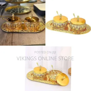 Ornate Decorative Two-Piece Condiment and Spice Serving Set With Tray