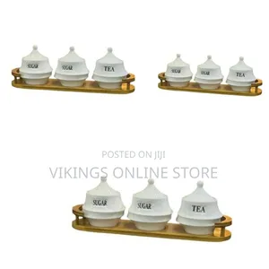 Elegant Ceramic Canister Set on Wooden Serving Tray - Multicolor