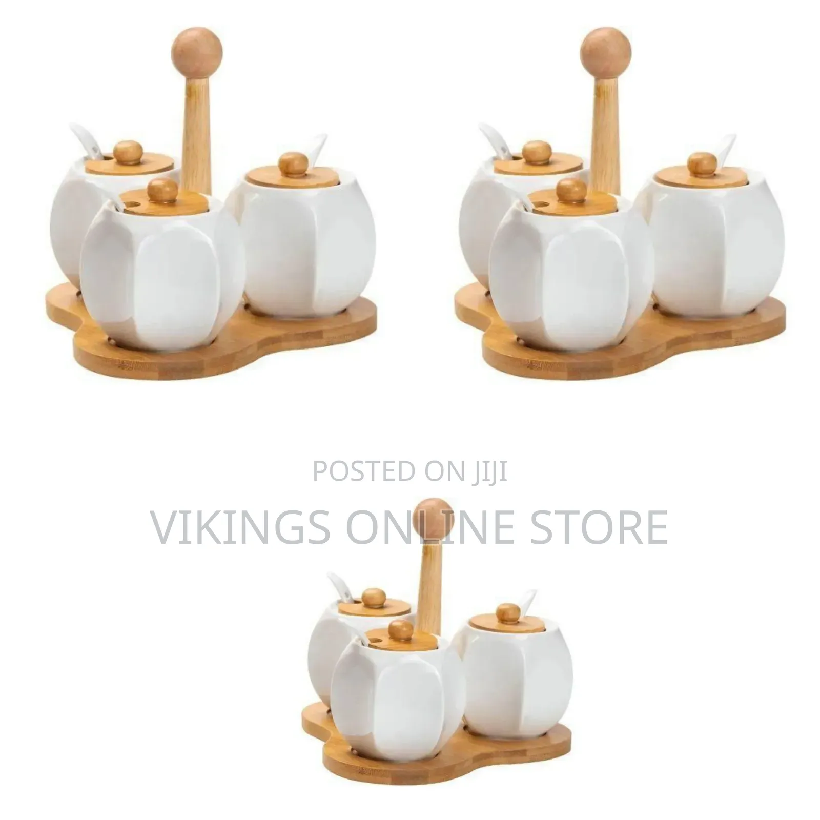 Ceramic Spice / Condiment Server Set With Bamboo Tray - Multicolor