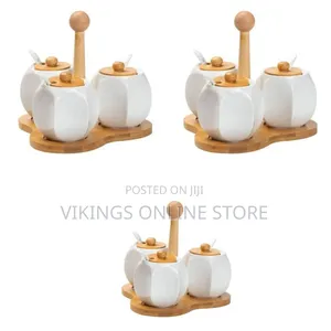 Ceramic Spice / Condiment Server Set With Bamboo Tray - Multicolor