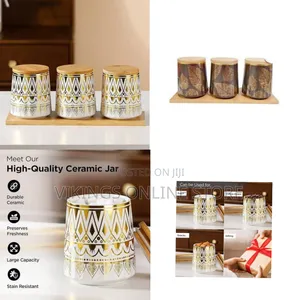 Elegant Ceramic Canister Set With Gold Geometric Pattern and Bamboo