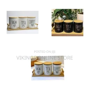 Charming Cylindrica Coffee Tea and Sugar Canister Set With Bamboo Tray