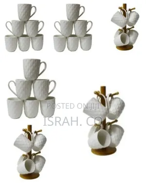 6 Pieces of Tea Coffee Cups Mugs on Wooden Stand